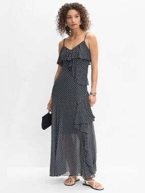 Melanie Lyne Polka Dot Mesh Maxi Dress Ruffle Overlay Stretch Size 10